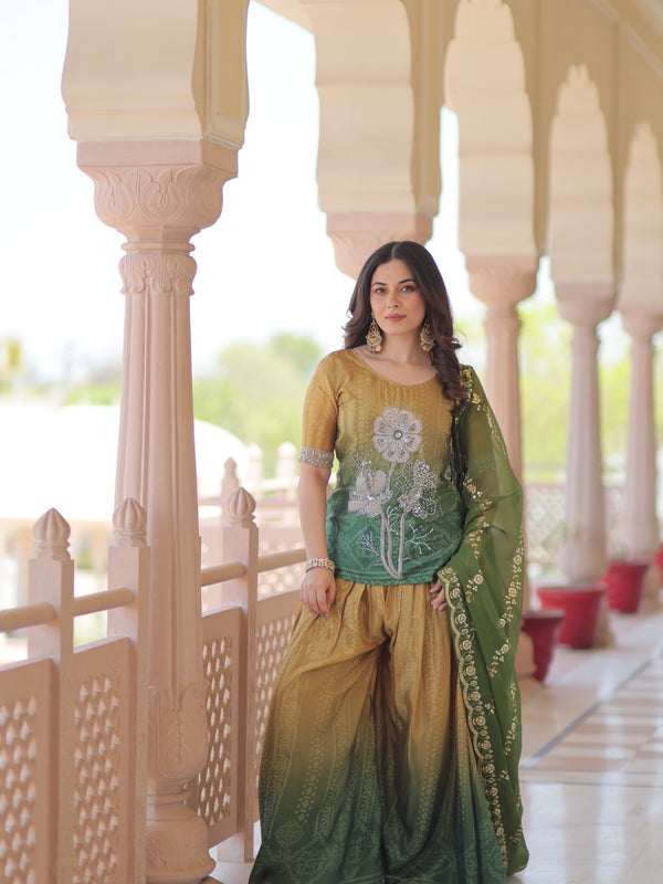 Chinnon Print Beads Embroidered Palazzo Set with Silk Dupatta