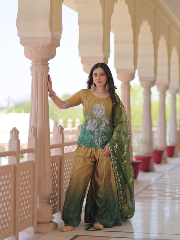 Chinnon Print Beads Embroidered Palazzo Set with Silk Dupatta