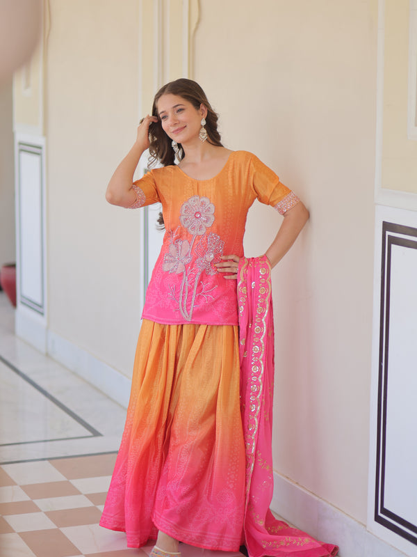 Chinnon Print Beads Embroidered Palazzo Set with Silk Dupatta