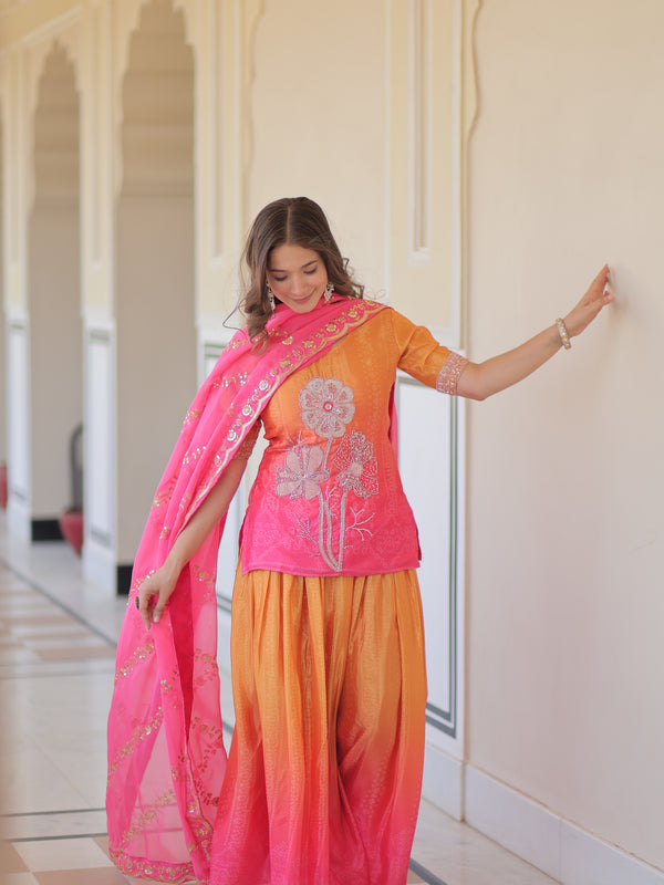 Chinnon Print Beads Embroidered Palazzo Set with Silk Dupatta