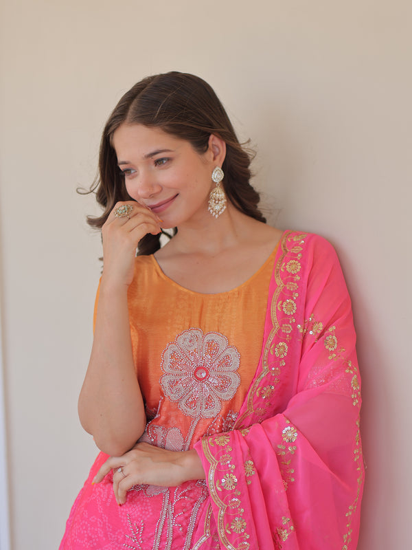 Chinnon Print Beads Embroidered Palazzo Set with Silk Dupatta