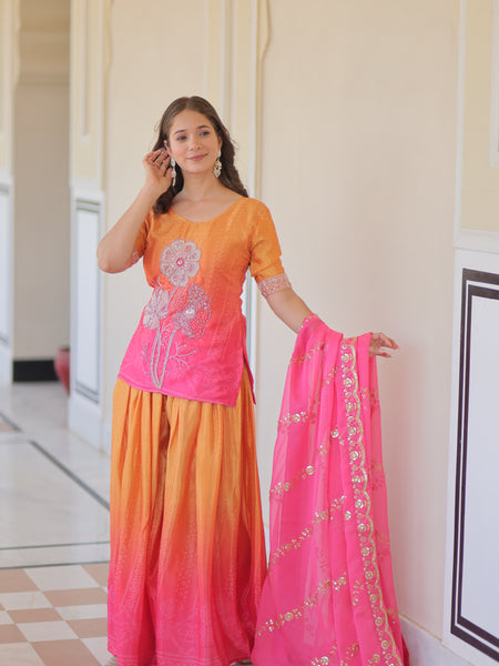 Chinnon Print Beads Embroidered Palazzo Set with Silk Dupatta