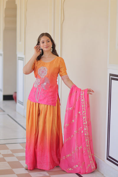 Chinnon Print Beads Embroidered Palazzo Set with Silk Dupatta