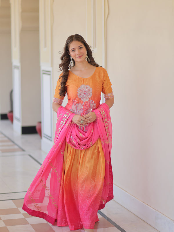 Chinnon Print Beads Embroidered Palazzo Set with Silk Dupatta