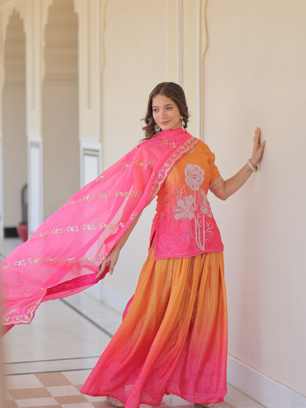 Chinnon Print Beads Embroidered Palazzo Set with Silk Dupatta