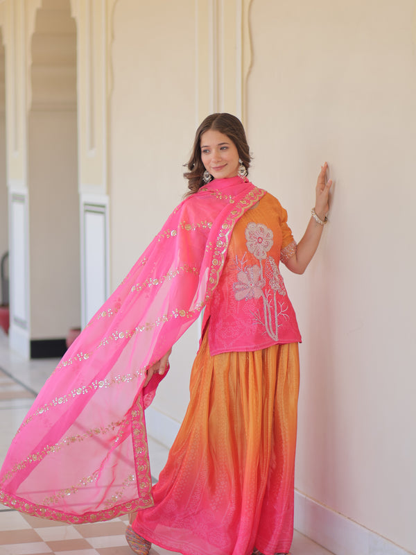 Chinnon Print Beads Embroidered Palazzo Set with Silk Dupatta