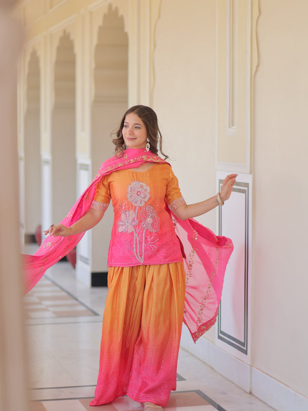 Chinnon Print Beads Embroidered Palazzo Set with Silk Dupatta