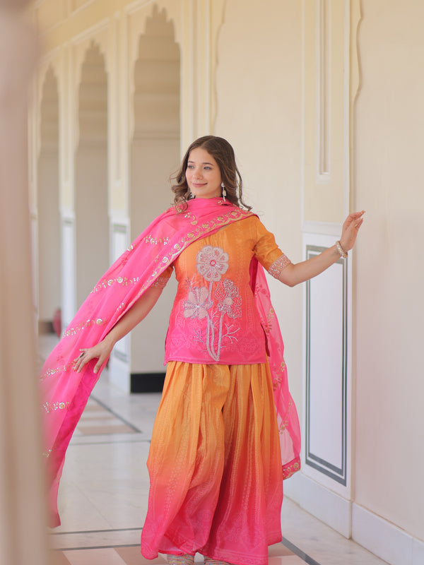 Chinnon Print Beads Embroidered Palazzo Set with Silk Dupatta