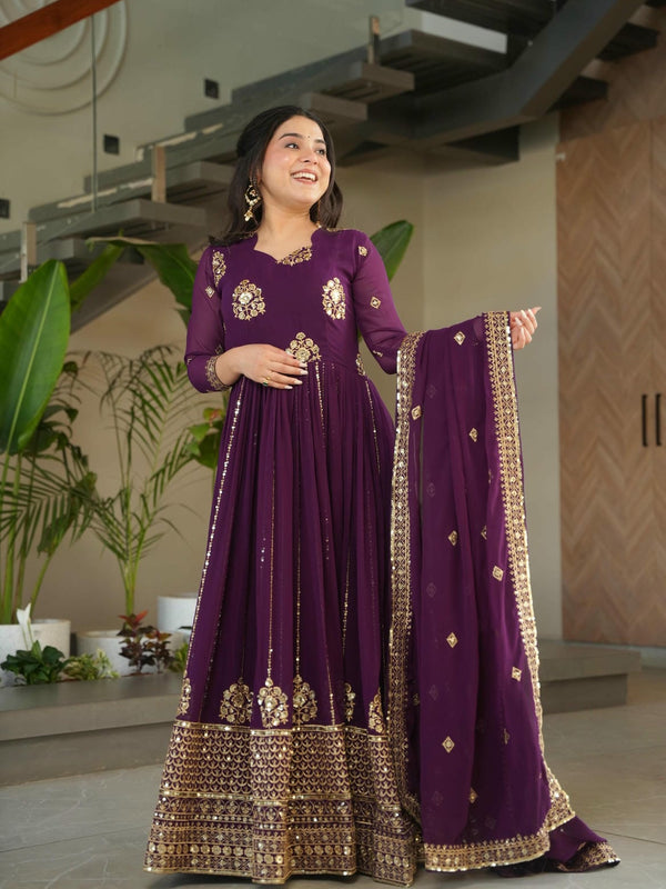 Faux Blooming Zari Sequins Embroidered Gown with Dupatta