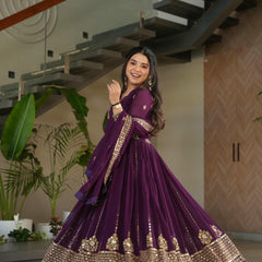 Faux Blooming Zari Sequins Embroidered Gown with Dupatta