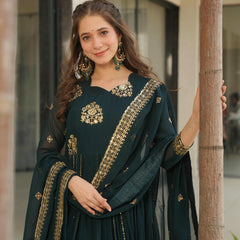 Faux Blooming Zari Sequins Embroidered Gown with Dupatta