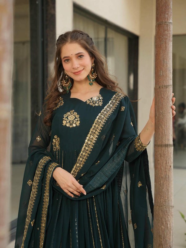 Faux Blooming Zari Sequins Embroidered Gown with Dupatta