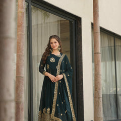 Faux Blooming Zari Sequins Embroidered Gown with Dupatta
