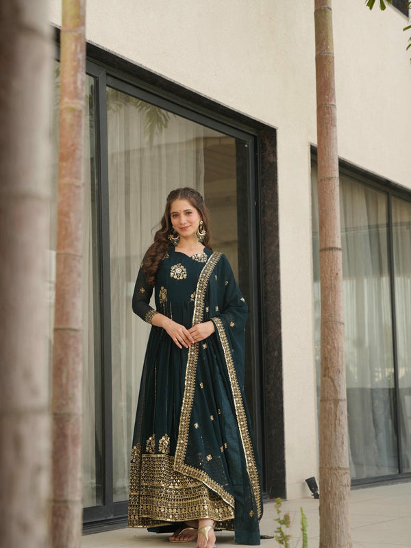 Faux Blooming Zari Sequins Embroidered Gown with Dupatta