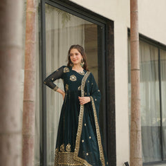 Faux Blooming Zari Sequins Embroidered Gown with Dupatta