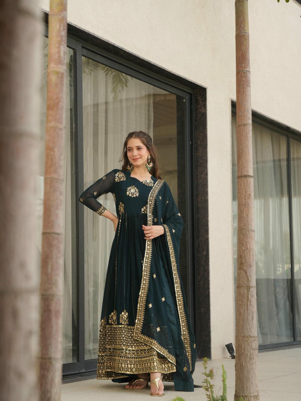 Faux Blooming Zari Sequins Embroidered Gown with Dupatta