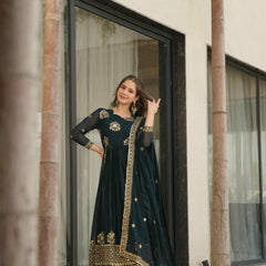 Faux Blooming Zari Sequins Embroidered Gown with Dupatta