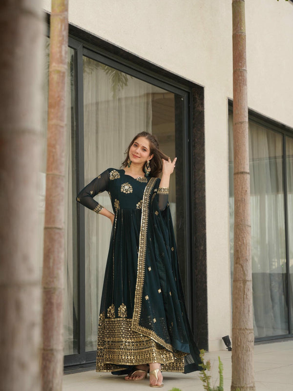 Faux Blooming Zari Sequins Embroidered Gown with Dupatta