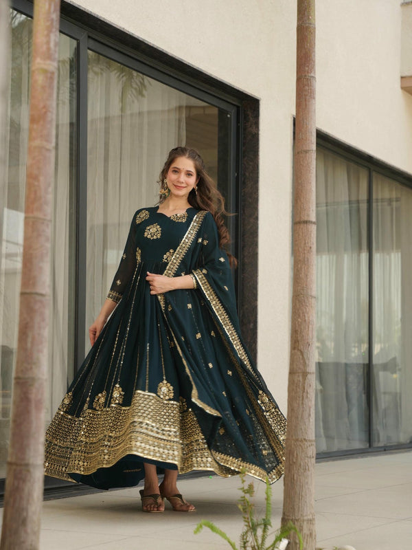 Faux Blooming Zari Sequins Embroidered Gown with Dupatta