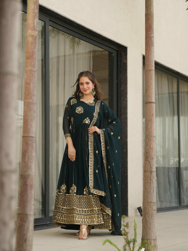 Faux Blooming Zari Sequins Embroidered Gown with Dupatta