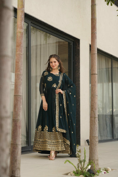 Faux Blooming Zari Sequins Embroidered Gown with Dupatta