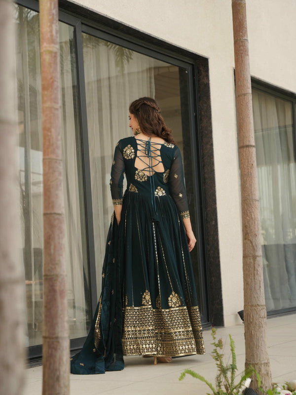 Faux Blooming Zari Sequins Embroidered Gown with Dupatta