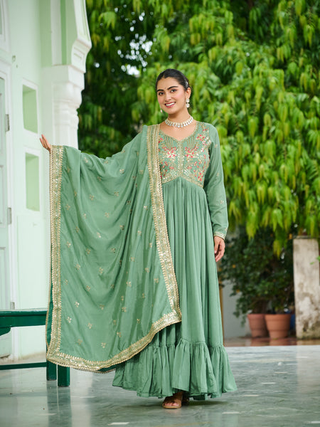 Vichitra Silk Embroidered Gown with Dupatta