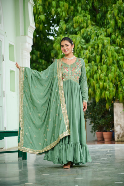 Vichitra Silk Embroidered Gown with Dupatta