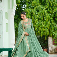 Vichitra Silk Embroidered Gown with Dupatta