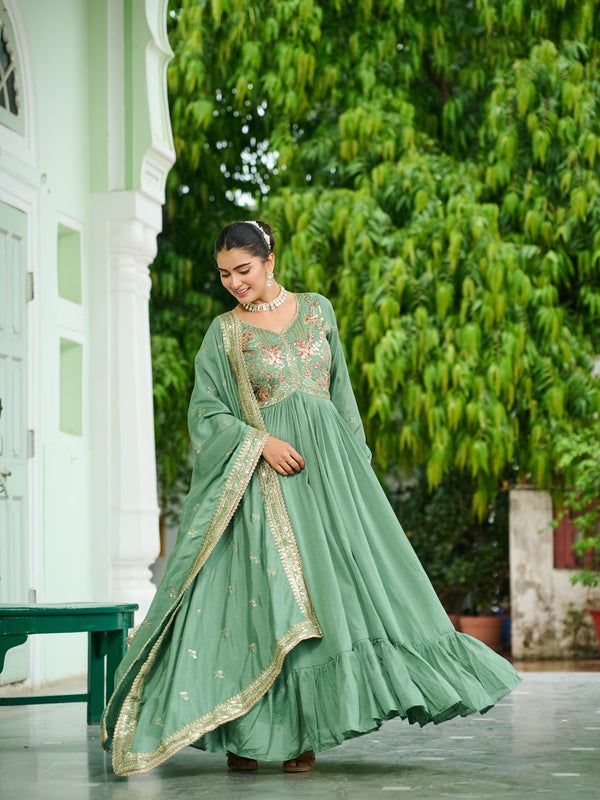 Vichitra Silk Embroidered Gown with Dupatta