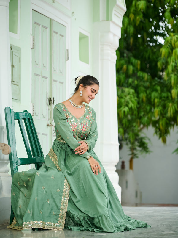 Vichitra Silk Embroidered Gown with Dupatta