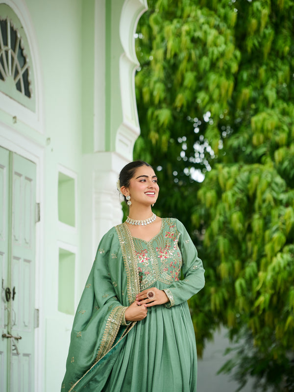 Vichitra Silk Embroidered Gown with Dupatta