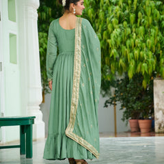 Vichitra Silk Embroidered Gown with Dupatta