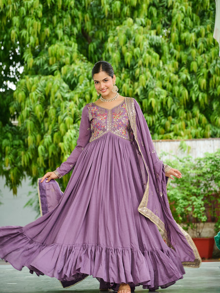 Vichitra Silk Embroidered Gown with Dupatta