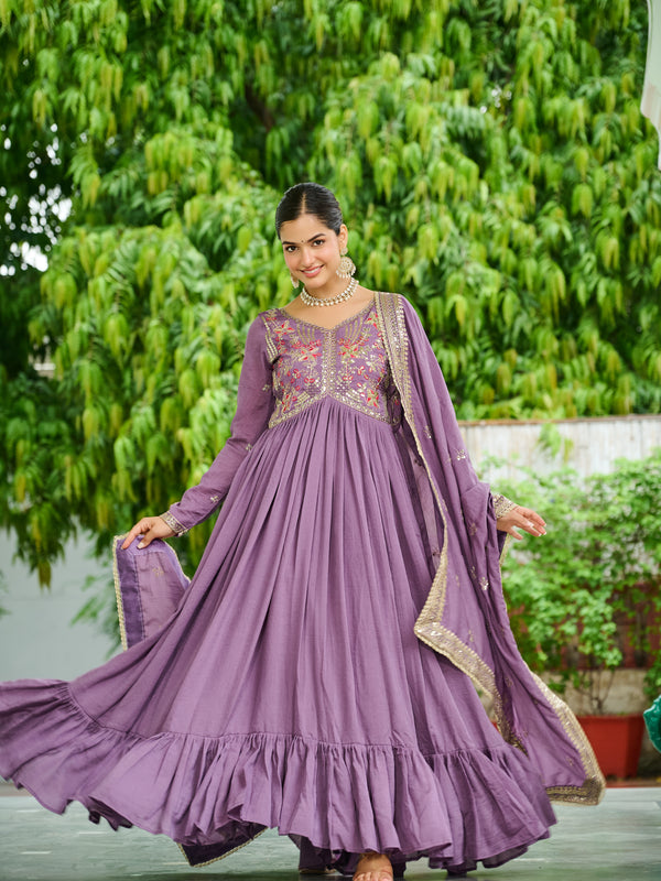 Vichitra Silk Embroidered Gown with Dupatta