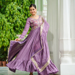Vichitra Silk Embroidered Gown with Dupatta