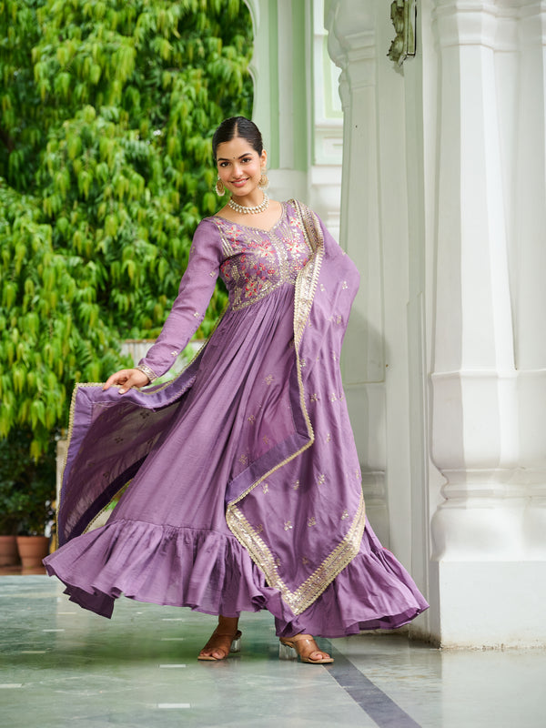 Vichitra Silk Embroidered Gown with Dupatta