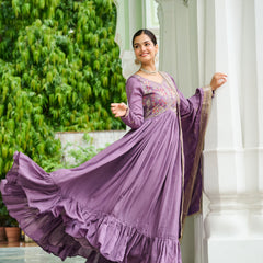 Vichitra Silk Embroidered Gown with Dupatta