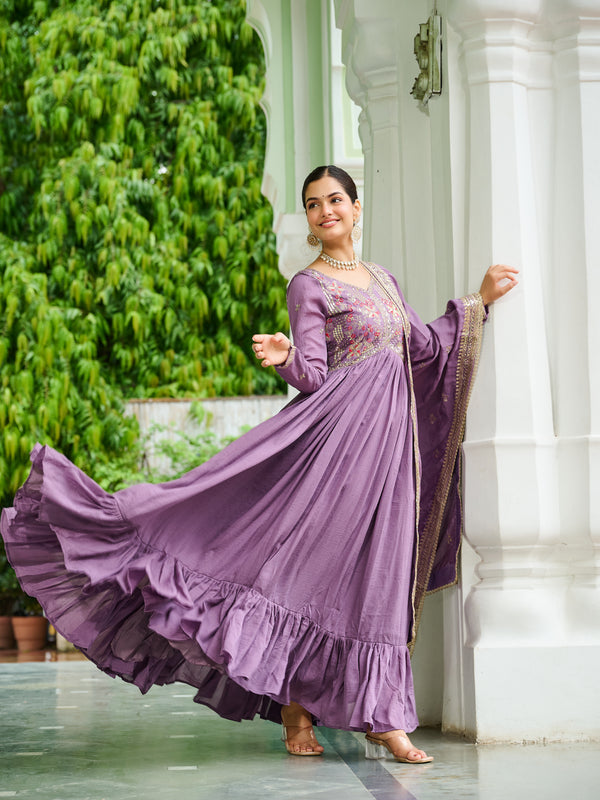 Vichitra Silk Embroidered Gown with Dupatta
