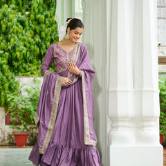 Vichitra Silk Embroidered Gown with Dupatta