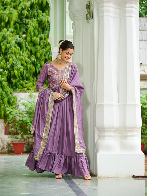 Vichitra Silk Embroidered Gown with Dupatta