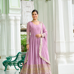 Faux Georgette Dusty Embroidered Gown with Dupatta