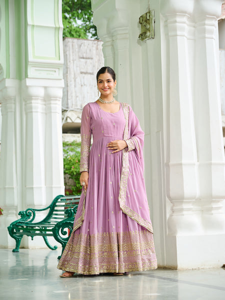 Faux Georgette Dusty Embroidered Gown with Dupatta