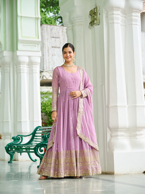 Faux Georgette Dusty Embroidered Gown with Dupatta