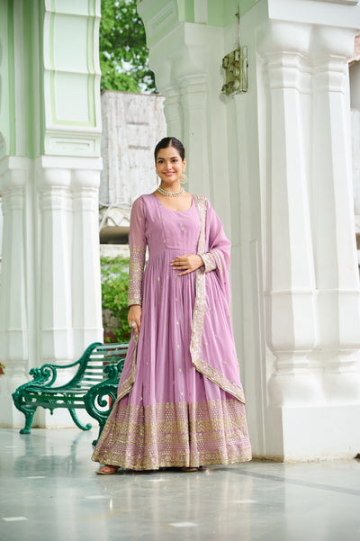 Faux Georgette Dusty Embroidered Gown with Dupatta