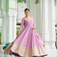 Faux Georgette Dusty Embroidered Gown with Dupatta