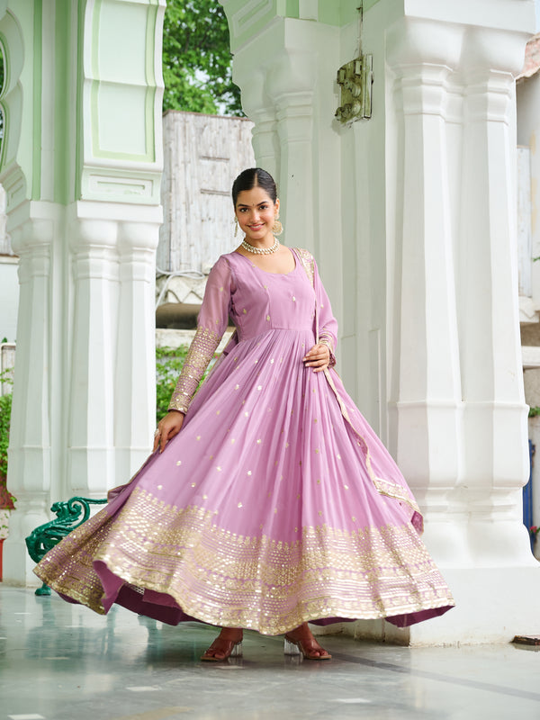 Faux Georgette Dusty Embroidered Gown with Dupatta