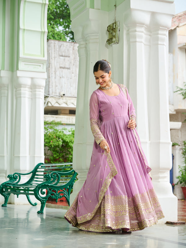 Faux Georgette Dusty Embroidered Gown with Dupatta
