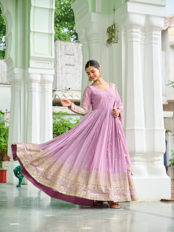Faux Georgette Dusty Embroidered Gown with Dupatta
