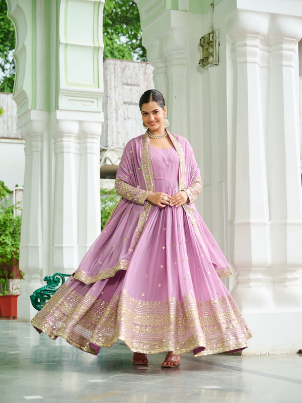 Faux Georgette Dusty Embroidered Gown with Dupatta
